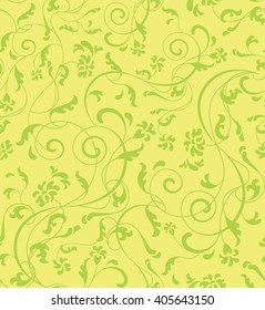 Floral and swirl seamless pattern. Yellow and green floral background. Vector ornamental illustration. Seamless print. Ornamental design.