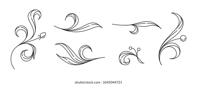 Floral swirl vector elements set. Hand-drawn botanical curls with elegant flow.