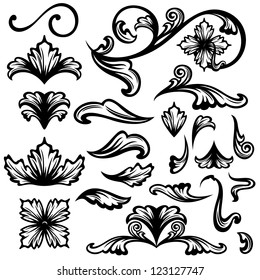 floral swirls - set of fine vector outlines - black design elements over white