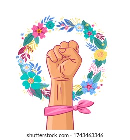 Símbolo floral del movimiento feminista. Mano de la Mujer Blanca con el puño levantado. Wreaht of Flowers. Señal de poder femenino sobre fondo morado. Ilustración de vectores de stock.