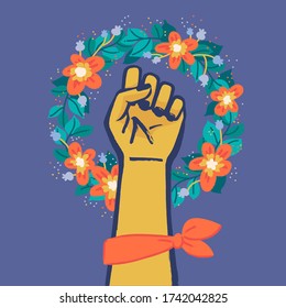Floral Symbol of Feminism Movement. Woman Hand with her fist raised up. Wreaht of Flowers. Girl Power Sign on Violet Background. Stock Vector Illustration