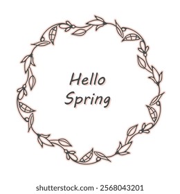 Floral symbol frame. Spring, summer wreath border. One black line. Cute doodle hand drawn sketch cartoon style illustration. Branch leaves flower drawing. White background. Vector for web design card