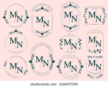 Floral symbol set for romantic greeting card. Monogram linear flat wedding logo collection. Wild nature frame design element. flower border invitation template. vector illustration.