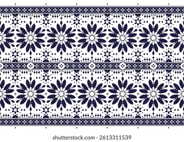Floral symbols are placed in two rows in front of the board, blue and white color style, ethnic fabric seamless pattern, design for cloth, carpet, batik, wallpaper, wrapping etc.