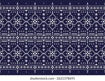 Floral symbols are placed in two rows in front of the board, blue and white color style, ethnic fabric seamless pattern, design for cloth, carpet, batik, wallpaper, wrapping etc.