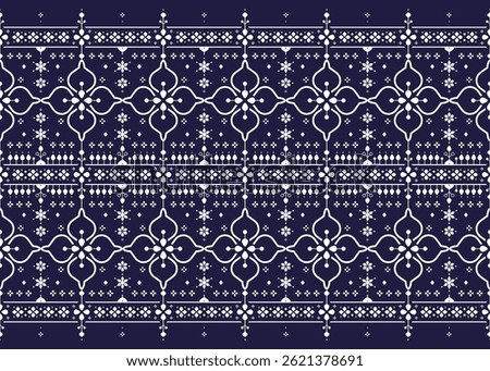 Floral symbols are placed in two rows in front of the board, blue and white color style, ethnic fabric seamless pattern, design for cloth, carpet, batik, wallpaper, wrapping etc.