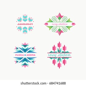 Floral symbols set, flat color vector flower logotypes. 