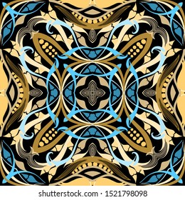 Floral symmetrical abstract vector seamless pattern. Colorful patterned ethnic style background. Vintage hand drawn paisley flowers, leaves, shapes, circles. Repeat decorative beautiful backdrop.