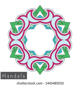 Floral symmetrical geometrical symbol. Vector flower mandala icon isolated on white. Oriental round colored pattern. Arabic, Indian, Moroccan, Spain, Turkish, Pakistan, Chinese decorative element.