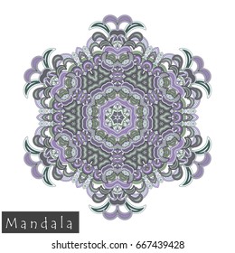 Floral symmetrical geometrical symbol. Vector flower mandala icon isolated on white. Oriental round colored pattern. Arabic, Indian, Moroccan, Spain, Turkish, Pakistan, Chinese decorative element.