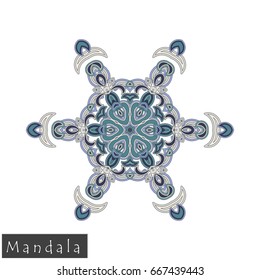 Floral symmetrical geometrical symbol. Vector flower mandala icon isolated on white. Oriental round colored pattern. Arabic, Indian, Moroccan, Spain, Turkish, Pakistan, Chinese decorative element.