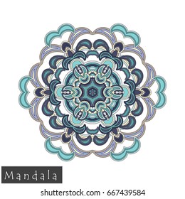 Floral symmetrical geometrical symbol. Vector flower mandala icon isolated on white. Oriental round colored pattern. Arabic, Indian, Moroccan, Spain, Turkish, Pakistan, Chinese decorative element.