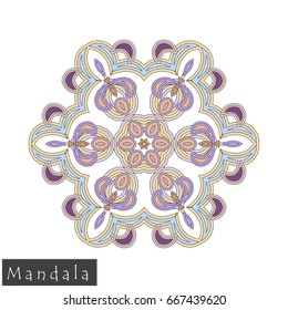 Floral symmetrical geometrical symbol. Vector flower mandala icon isolated on white. Oriental round colored pattern. Arabic, Indian, Moroccan, Spain, Turkish, Pakistan, Chinese decorative element.