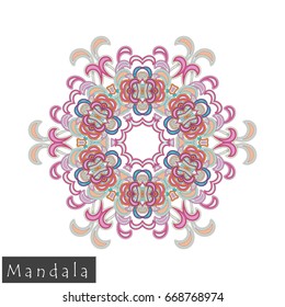 Floral symmetrical geometrical symbol. Vector flower mandala icon isolated on white. Oriental round colored pattern. Arabic, Indian, Moroccan, Spain, Turkish, Pakistan, Chinese decorative element.