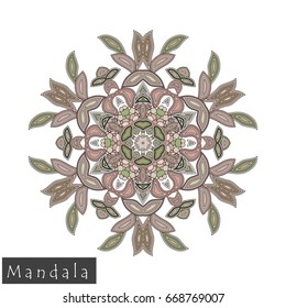 Floral symmetrical geometrical symbol. Vector flower mandala icon isolated on white. Oriental round colored pattern. Arabic, Indian, Moroccan, Spain, Turkish, Pakistan, Chinese decorative element.