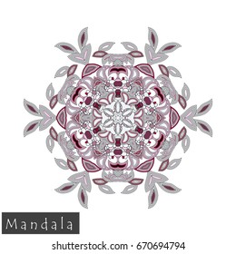 Floral symmetrical geometrical symbol. Vector flower mandala icon isolated on white. Oriental round colored pattern. Arabic, Indian, Moroccan, Spain, Turkish, Pakistan, Chinese decorative element.