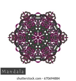 Floral symmetrical geometrical symbol. Vector flower mandala icon isolated on white. Oriental round colored pattern. Arabic, Indian, Moroccan, Spain, Turkish, Pakistan, Chinese decorative element.
