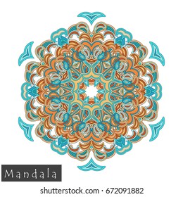 Floral symmetrical geometrical symbol. Vector flower mandala icon isolated on white. Oriental round colored pattern. Arabic, Indian, Moroccan, Spain, Turkish, Pakistan, Chinese decorative element.