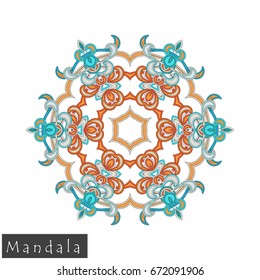 Floral symmetrical geometrical symbol. Vector flower mandala icon isolated on white. Oriental round colored pattern. Arabic, Indian, Moroccan, Spain, Turkish, Pakistan, Chinese decorative element.