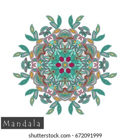 Floral symmetrical geometrical symbol. Vector flower mandala icon isolated on white. Oriental round colored pattern. Arabic, Indian, Moroccan, Spain, Turkish, Pakistan, Chinese decorative element.