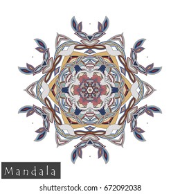 Floral symmetrical geometrical symbol. Vector flower mandala icon isolated on white. Oriental round colored pattern. Arabic, Indian, Moroccan, Spain, Turkish, Pakistan, Chinese decorative element.