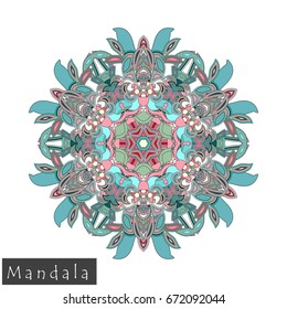 Floral symmetrical geometrical symbol. Vector flower mandala icon isolated on white. Oriental round colored pattern. Arabic, Indian, Moroccan, Spain, Turkish, Pakistan, Chinese decorative element.