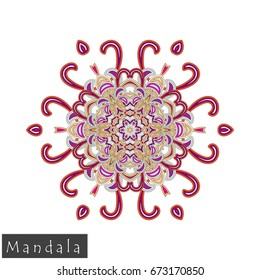 Floral symmetrical geometrical symbol. Vector flower mandala icon isolated on white. Oriental round colored pattern. Arabic, Indian, Moroccan, Spain, Turkish, Pakistan, Chinese decorative element.