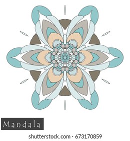 Floral symmetrical geometrical symbol. Vector flower mandala icon isolated on white. Oriental round colored pattern. Arabic, Indian, Moroccan, Spain, Turkish, Pakistan, Chinese decorative element.