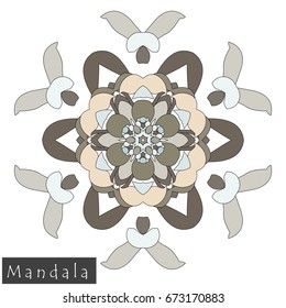 Floral symmetrical geometrical symbol. Vector flower mandala icon isolated on white. Oriental round colored pattern. Arabic, Indian, Moroccan, Spain, Turkish, Pakistan, Chinese decorative element.