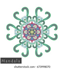 Floral symmetrical geometrical symbol. Vector flower mandala icon isolated on white. Oriental round colored pattern. Arabic, Indian, Moroccan, Spain, Turkish, Pakistan, Chinese decorative element.