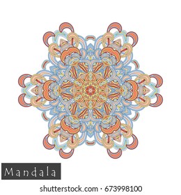 Floral symmetrical geometrical symbol. Vector flower mandala icon isolated on white. Oriental round colored pattern. Arabic, Indian, Moroccan, Spain, Turkish, Pakistan, Chinese decorative element.