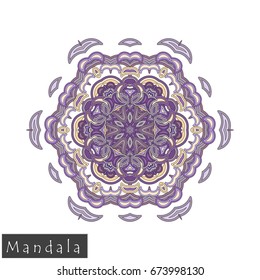 Floral symmetrical geometrical symbol. Vector flower mandala icon isolated on white. Oriental round colored pattern. Arabic, Indian, Moroccan, Spain, Turkish, Pakistan, Chinese decorative element.