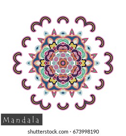 Floral symmetrical geometrical symbol. Vector flower mandala icon isolated on white. Oriental round colored pattern. Arabic, Indian, Moroccan, Spain, Turkish, Pakistan, Chinese decorative element.