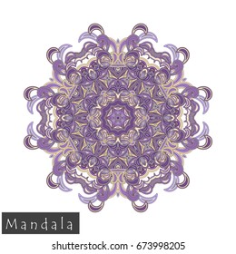 Floral symmetrical geometrical symbol. Vector flower mandala icon isolated on white. Oriental round colored pattern. Arabic, Indian, Moroccan, Spain, Turkish, Pakistan, Chinese decorative element.