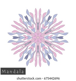 Floral symmetrical geometrical symbol. Vector flower mandala icon isolated on white. Oriental round colored pattern. Arabic, Indian, Moroccan, Spain, Turkish, Pakistan, Chinese decorative element.