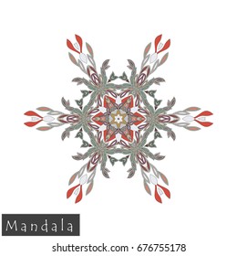 Floral symmetrical geometrical symbol. Vector flower mandala icon isolated on white. Oriental round colored pattern. Arabic, Indian, Moroccan, Spain, Turkish, Pakistan, Chinese decorative element.
