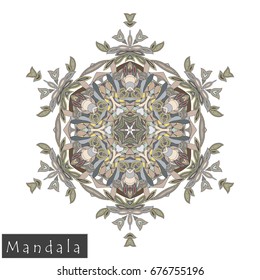 Floral symmetrical geometrical symbol. Vector flower mandala icon isolated on white. Oriental round colored pattern. Arabic, Indian, Moroccan, Spain, Turkish, Pakistan, Chinese decorative element.