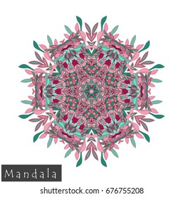 Floral symmetrical geometrical symbol. Vector flower mandala icon isolated on white. Oriental round colored pattern. Arabic, Indian, Moroccan, Spain, Turkish, Pakistan, Chinese decorative element.