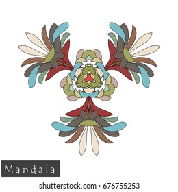 Floral symmetrical geometrical symbol. Vector flower mandala icon isolated on white. Oriental round colored pattern. Arabic, Indian, Moroccan, Spain, Turkish, Pakistan, Chinese decorative element.