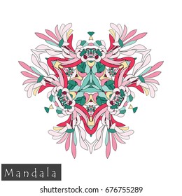 Floral symmetrical geometrical symbol. Vector flower mandala icon isolated on white. Oriental round colored pattern. Arabic, Indian, Moroccan, Spain, Turkish, Pakistan, Chinese decorative element.