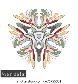 Floral symmetrical geometrical symbol. Vector flower mandala icon isolated on white. Oriental round colored pattern. Arabic, Indian, Moroccan, Spain, Turkish, Pakistan, Chinese decorative element.