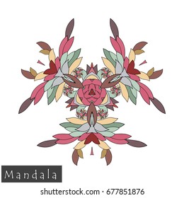 Floral symmetrical geometrical symbol. Vector flower mandala icon isolated on white. Oriental round colored pattern. Arabic, Indian, Moroccan, Spain, Turkish, Pakistan, Chinese decorative element.