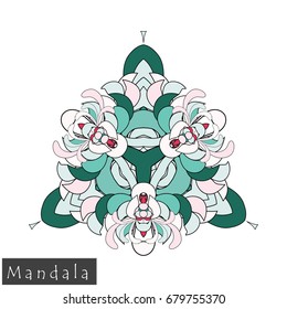 Floral symmetrical geometrical symbol. Vector flower mandala icon isolated on white. Oriental round colored pattern. Arabic, Indian, Moroccan, Spain, Turkish, Pakistan, Chinese decorative element.