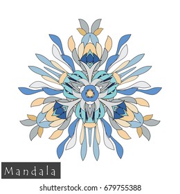 Floral symmetrical geometrical symbol. Vector flower mandala icon isolated on white. Oriental round colored pattern. Arabic, Indian, Moroccan, Spain, Turkish, Pakistan, Chinese decorative element.