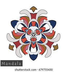 Floral symmetrical geometrical symbol. Vector flower mandala icon isolated on white. Oriental round colored pattern. Arabic, Indian, Moroccan, Spain, Turkish, Pakistan, Chinese decorative element.