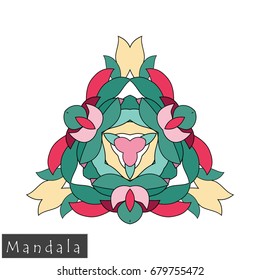 Floral symmetrical geometrical symbol. Vector flower mandala icon isolated on white. Oriental round colored pattern. Arabic, Indian, Moroccan, Spain, Turkish, Pakistan, Chinese decorative element.