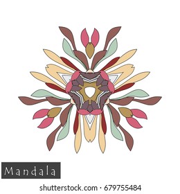 Floral symmetrical geometrical symbol. Vector flower mandala icon isolated on white. Oriental round colored pattern. Arabic, Indian, Moroccan, Spain, Turkish, Pakistan, Chinese decorative element.