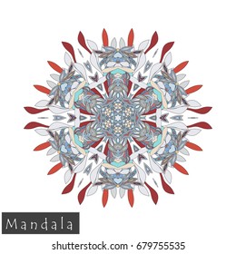 Floral symmetrical geometrical symbol. Vector flower mandala icon isolated on white. Oriental round colored pattern. Arabic, Indian, Moroccan, Spain, Turkish, Pakistan, Chinese decorative element.