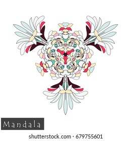 Floral symmetrical geometrical symbol. Vector flower mandala icon isolated on white. Oriental round colored pattern. Arabic, Indian, Moroccan, Spain, Turkish, Pakistan, Chinese decorative element.