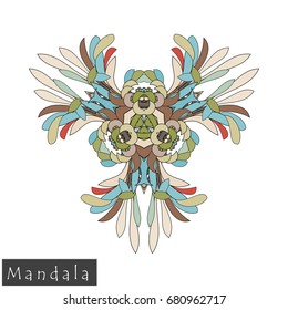 Floral symmetrical geometrical symbol. Vector flower mandala icon isolated on white. Oriental round colored pattern. Arabic, Indian, Moroccan, Spain, Turkish, Pakistan, Chinese decorative element.